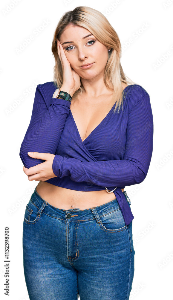 Obraz premium Young caucasian woman wearing casual clothes thinking looking tired and bored with depression problems with crossed arms.