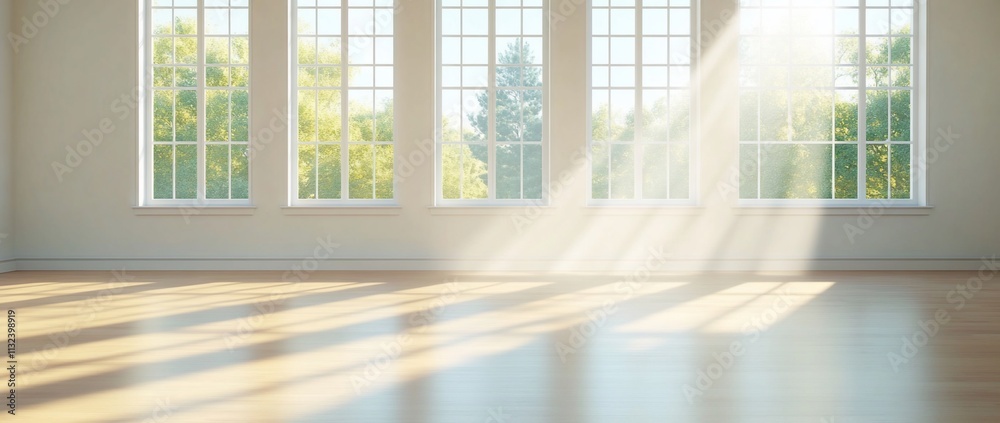 Fototapeta premium Bright, empty room with large windows and natural light.