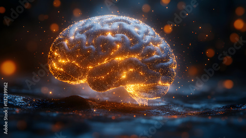 A 3D render of a brain made from glowing data streams, symbolizing the fusion of technology and neuroscience, showcasing artificial intelligence, data processing, and the concept of digital consciousn photo