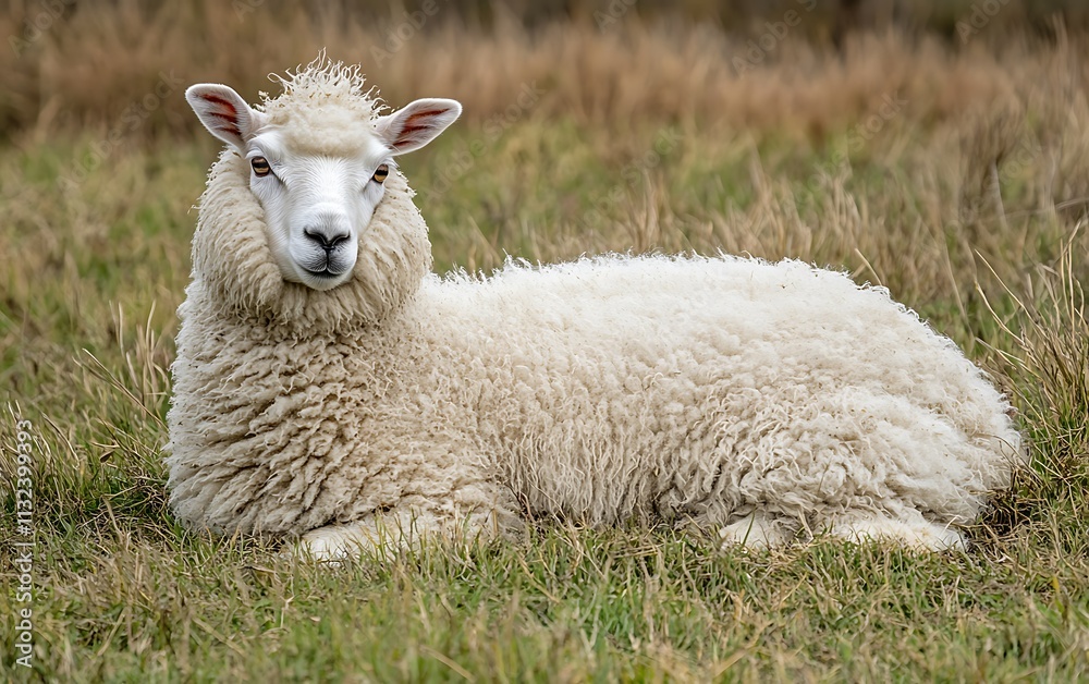 Obraz premium A fluffy white sheep lies in a grassy field, looking directly at the camera.