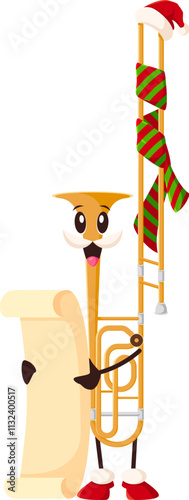 Cartoon trombone musical instrument character wearing Santa hat and striped scarf holding a parchment scroll or a wish list, brings Christmas cheer and festive winter holiday spirit for celebration