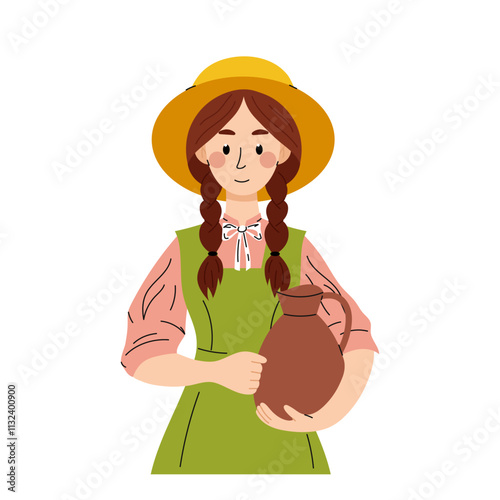 Young girl with a clay jug. A woman working on a farm. A girl in a farm uniform. Milkmaid. Flat illustration on white background.