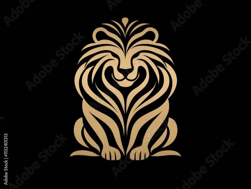 Golden Lion in a Sitting Pose with Symmetrical Flowing Mane. Elegant and Bold Liner Design on a Black Background. Regal and Artistic Logo Concept. AI generated photo