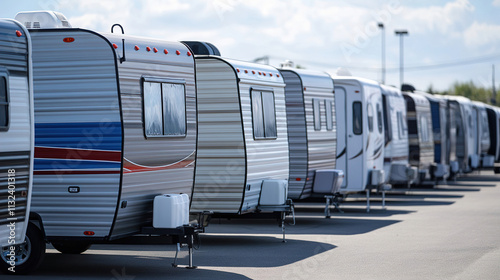 RVs lined up in a parking lot during midday under a bright sky, showcasing various colors and styles of trailers. Generative AI