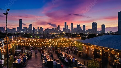 Rooftop bar at sunset with city skyline view, people enjoying drinks and socializing. Animation video Generated AI