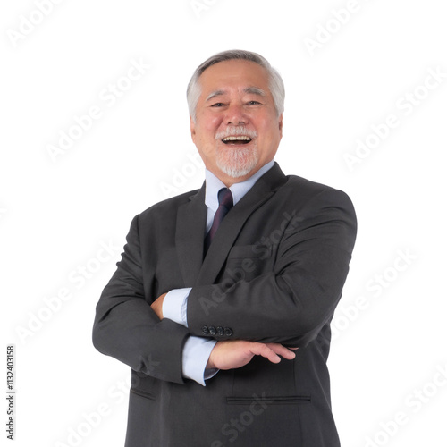 portrait of a senior business man with suit , Asian senior man , old man , feel happy good health standing arms crossed isolated on a transparent background - lifestyle senior male concept