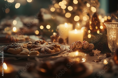 A festive Christmas table, adorned with an array of cookies and decorations, is bathed in a warm, inviting glow. 