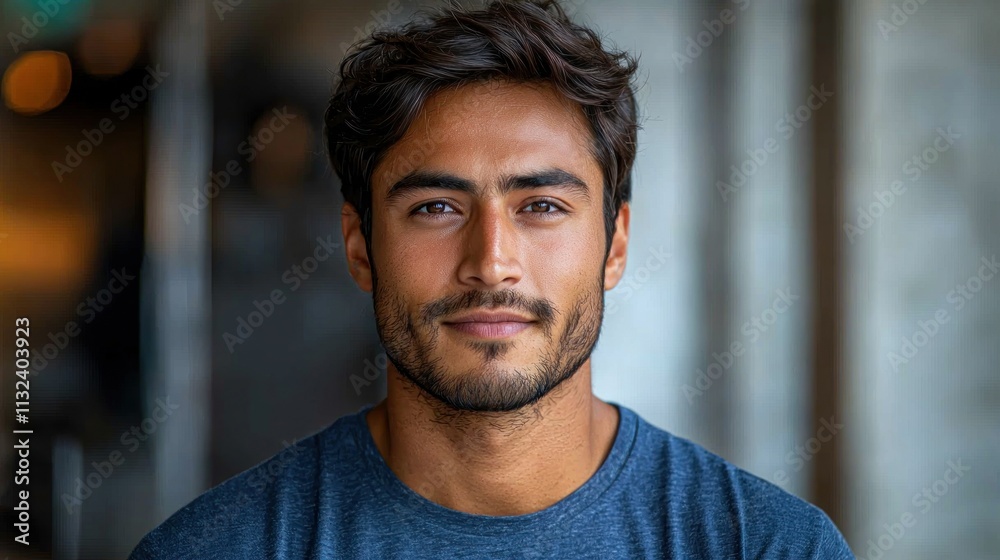 Naklejka premium Young man with tousled hair and beard wearing a casual shirt in a softly lit indoor setting Generative AI