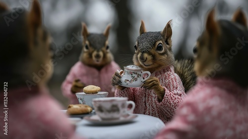 Squirrels Dressed in Pink Enjoying an Outdoor Tea Party