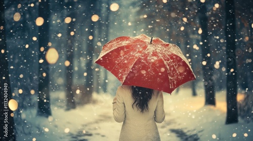 Young Woman with umbrella walking through winter garden and snow storm and snow falling,Snowing landscape in the park with people passing by,alone and sad mood,space for text. photo