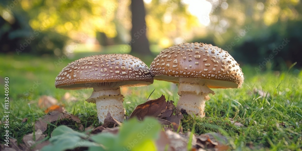 Fototapeta premium Two Agaricus mushrooms in a natural setting, showcasing their unique features with selective focus on the Agaricus, highlighting the details and beauty of these mushrooms.