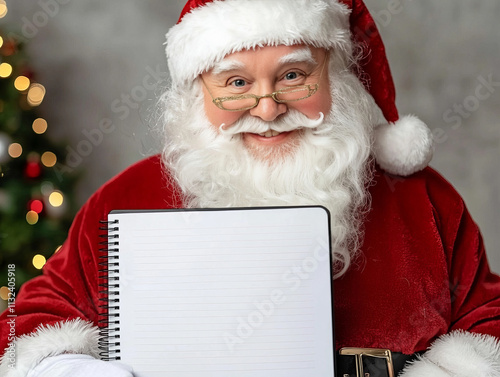 Santa holding notepad, planning festive budget with joy and cheer