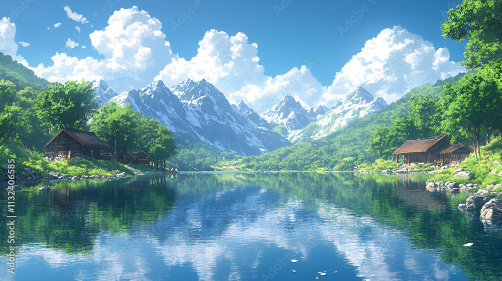 Fototapeta premium Serene Mountain Lake Houses Peaceful Tranquil Scene