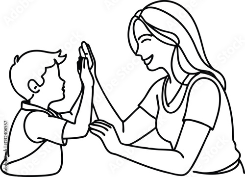 Mother high-fiving with her little son in continuous line art drawing style