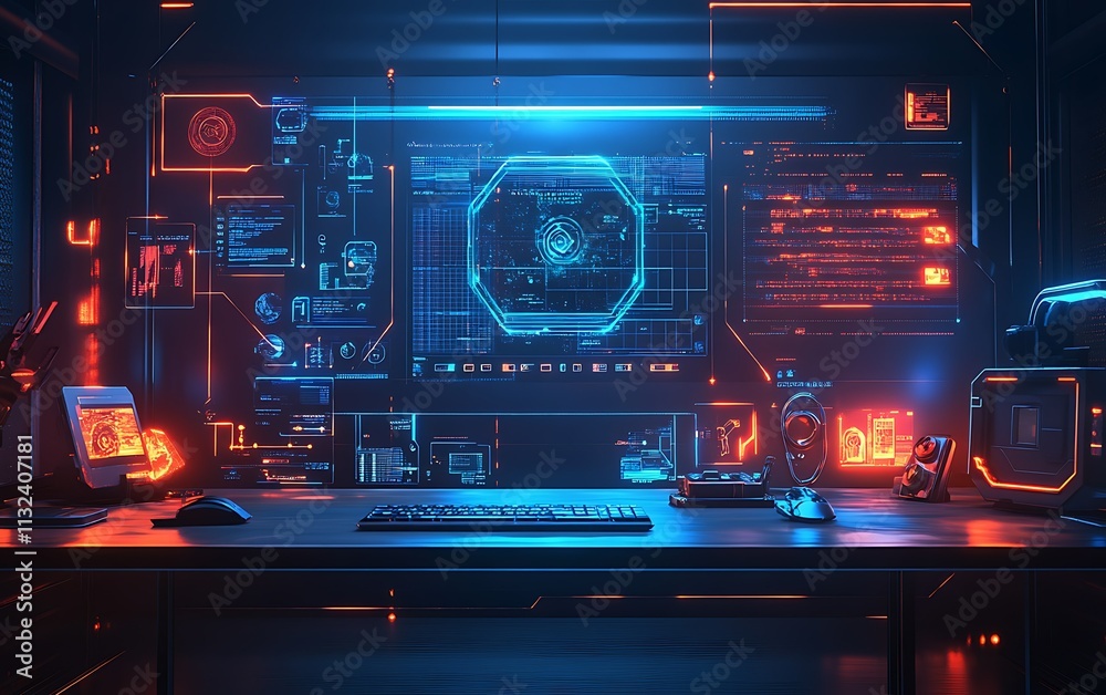 Obraz premium Futuristic tech workspace with glowing screens displaying data and code.