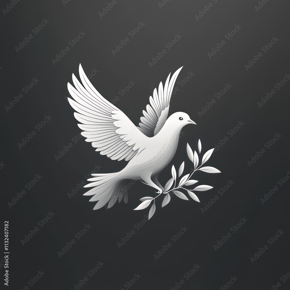 Fototapeta premium White dove carrying olive branch on dark background.