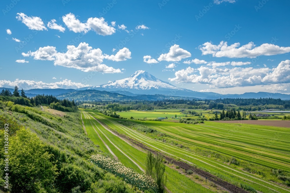 Naklejka premium Capturing the essence of spring breathtaking tulip fields in full bloom scenic landscape bright blue skies panoramic view of nature's beauty