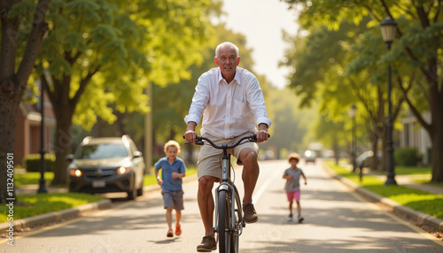 Joyful moments shared on a sunny afternoon as a grandparent rides a bicycle with children playing nearby