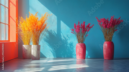 Brightly colored flower arrangements in vases brighten a sunlit room with a blue wall and large window. Generative AI