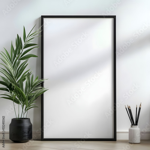Wallpaper Mural Black Frame Mockup with White Wall and Green Plant Torontodigital.ca