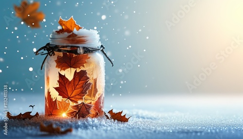 Glass jar with frozen autumn leaves, frosted and glowing, amid falling snowflakes. photo