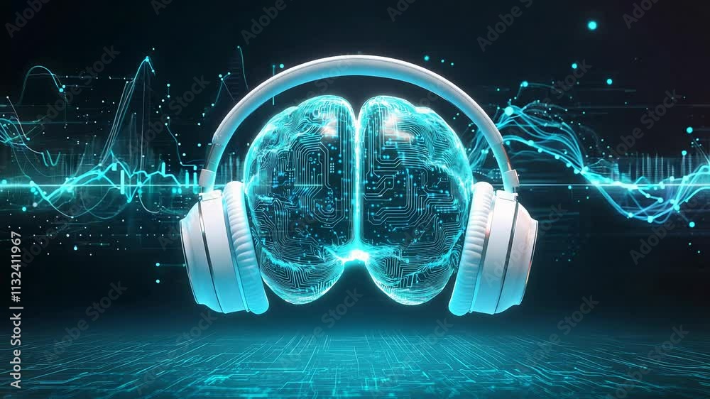 A tech-inspired brain design with holographic circuits in bright cyan, wrapped in modern white headphones. Music background concept.