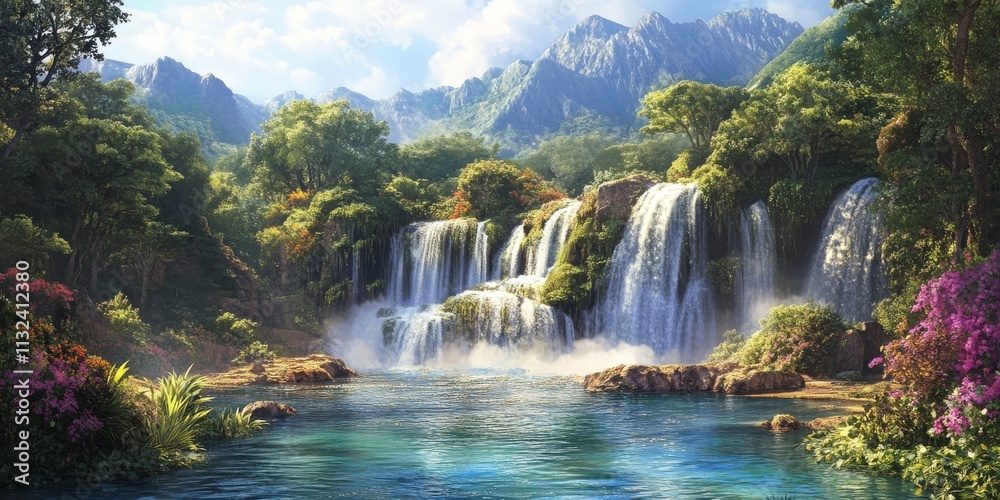 Fototapeta premium Majestic waterfalls featuring crystal clear water flow gracefully through the lush green forest, creating a serene environment that highlights the beauty of nature s waterfalls.
