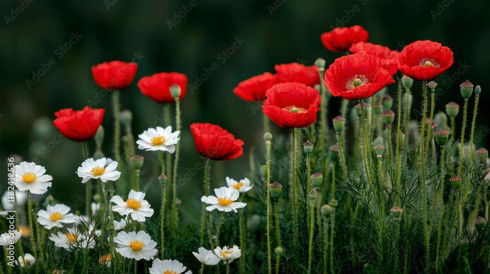 Naklejka premium Vibrant Red Poppies and White Daisies Amidst Lush Greenery in a Beautiful Floral Scene Capturing the Essence of Springtime and Nature's Splendor
