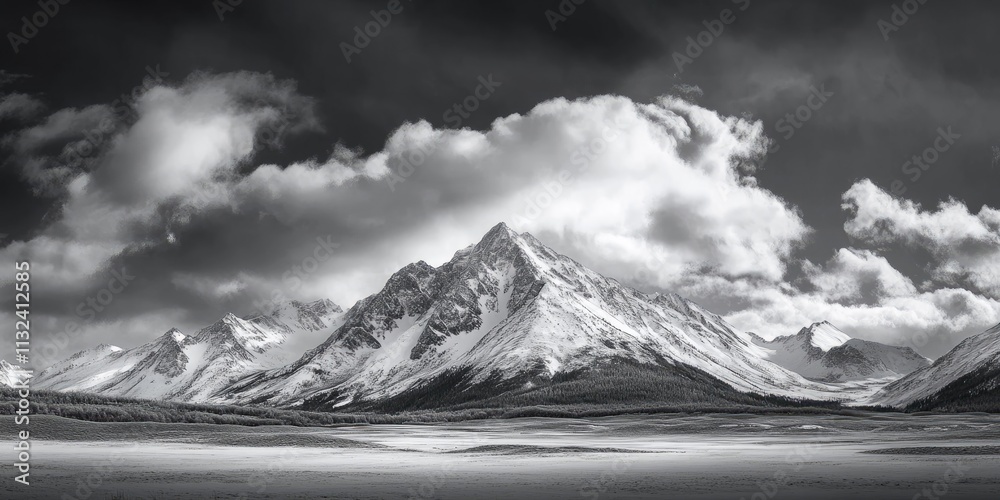Obraz premium Stunning black and white panorama showcasing majestic snow capped mountain peaks under a captivating sky filled with clouds on a windy day. Experience the beauty of high mountain scenery in winter.