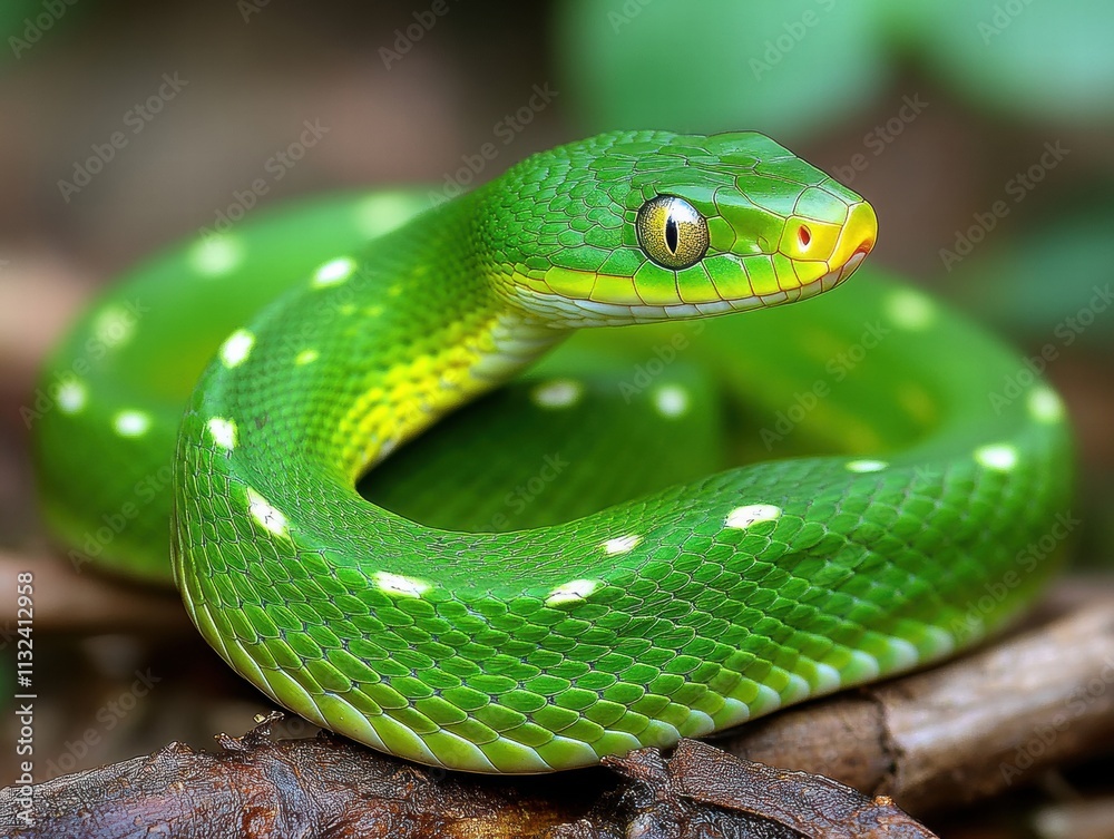Fototapeta premium Coiled grace a green vine snake in tropical forest wildlife photography
