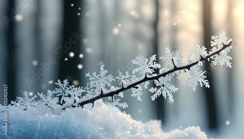 Ice-crystal-covered branches in a serene winter forest with soft falling snow