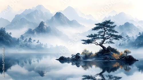 A traditional Chinese ink painting of a pine tree on the left side, showcasing the elegance of nature through brush strokes. The serene composition reflects the timeless beauty and cultural significan photo