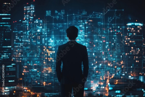 A man stands in front of a large screen displaying a complex web of numbers