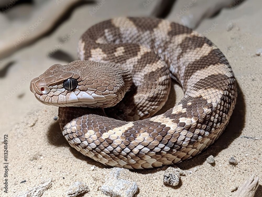 Obraz premium Mojave rattlesnake behavior sunbathing in the desert sand captured from ground level