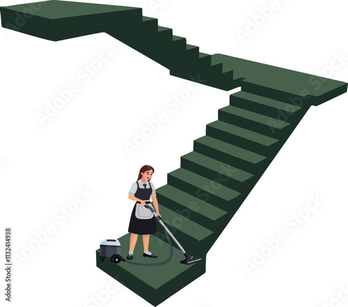 Cleaning lady vacuuming green stairs in a building