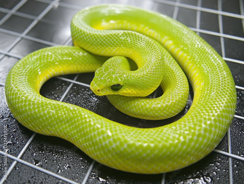 Fototapeta premium Nature in the city close-up of a green snake stretching on glass