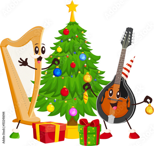 Cartoon harp and mandolin musical instrument characters enjoy Christmas with a decorated tree and gifts, spreading festive spirit. Vector cheerful string personages celebrating winter holiday with joy