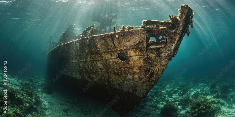 Fototapeta premium The bow of a WWII shipwreck rests submerged in the sea, showcasing the remnants of maritime history. The shipwreck highlights the significance of WWII naval artifacts in underwater exploration.