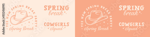 Spring break cowgirls party squad matching shirt design bundle pack retro groovy disco western theme preppy cowboy hat aesthetic. Girls student teens event trip printable peach color girly decor.