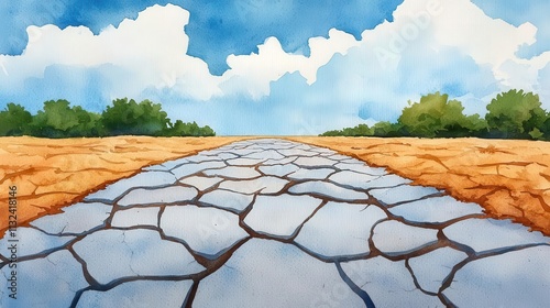 Watercolor: Eco-friendly, Climate Change Concept. Dry, cracked road stretches across a barren landscape, symbolizing environmental degradation and climate change's impact.