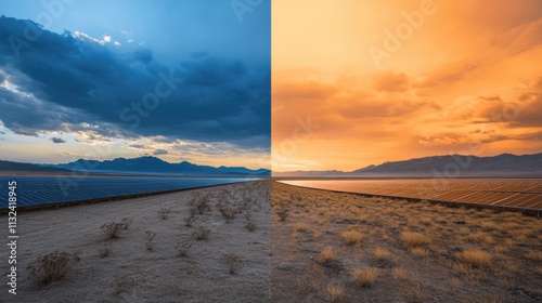 Contrast of renewable energy in solar farm landscape at sunset and storm