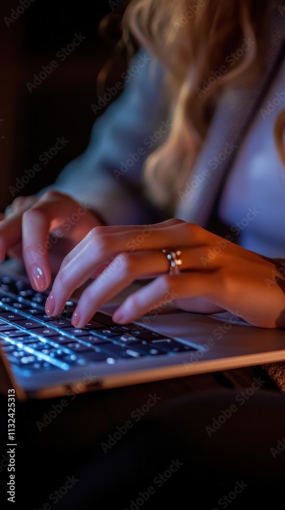 Fototapeta premium Woman Working on Laptop at Night Cozy Atmosphere Home Office Typing Keys Illuminated Keyboard