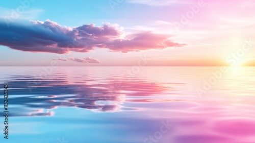 A beautiful sunset with clouds gently reflecting in the calm waters, coloring them in pink and blue tones.