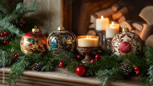 A festive image showcasing a variety of unique gift ideas, including a hand-painted ornament, a set of aromatic candles, and a custom-made piece of jewelry, all beautifully displayed on a mantelpiece 