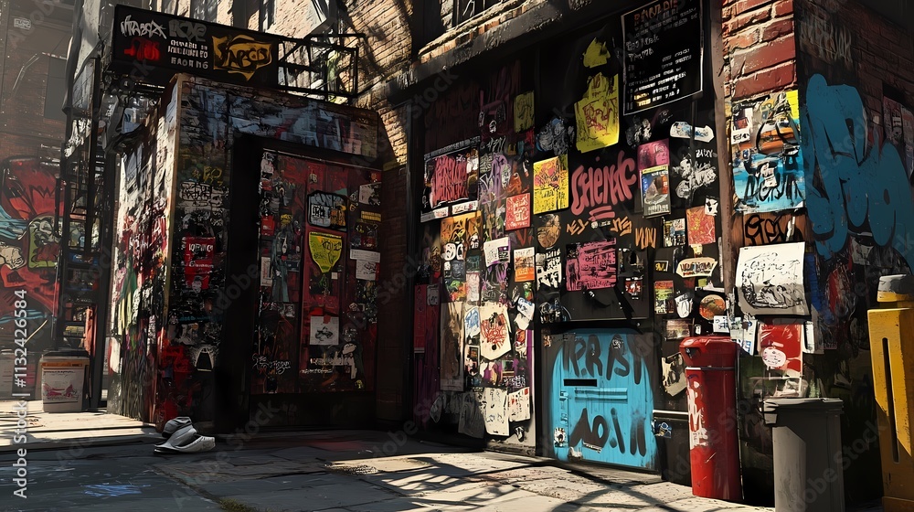 Fototapeta premium Urban Graffiti Alley: A Vivid Tapestry of Street Art and Decay