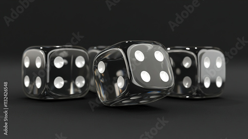 Clear glass dice showing various dots in a game setting with a dark background for an engaging atmosphere. Generative AI photo