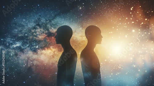 Man and Woman Silhouettes at Abstract Cosmic Background, Loving Couple of Human Souls, Embracing in the Astral Realm, Reflecting Esoteric and Spiritual Life Concept.