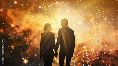 Man and Woman Silhouettes at Abstract Cosmic Background, Loving Couple of Human Souls, Embracing in the Astral Realm, Reflecting Esoteric and Spiritual Life Concept.