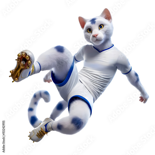 White Cat Soccer Player in Blue & White Kit