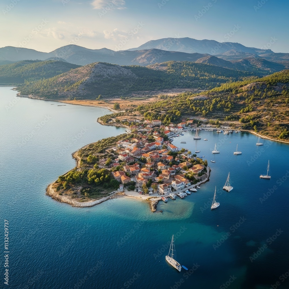 Fototapeta premium Vonitsa city and Koukoumitsa island aerial view.